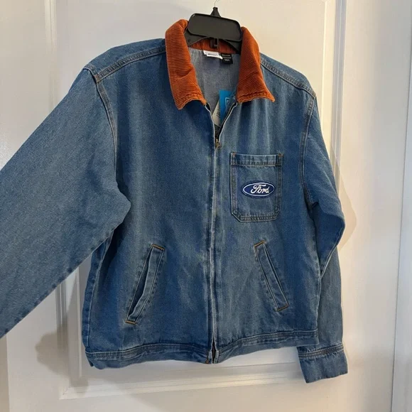Ford Men’s Blue Denim Work Jacket with Brown Corduroy Collar Sz S NWT - Picture 2 of 7